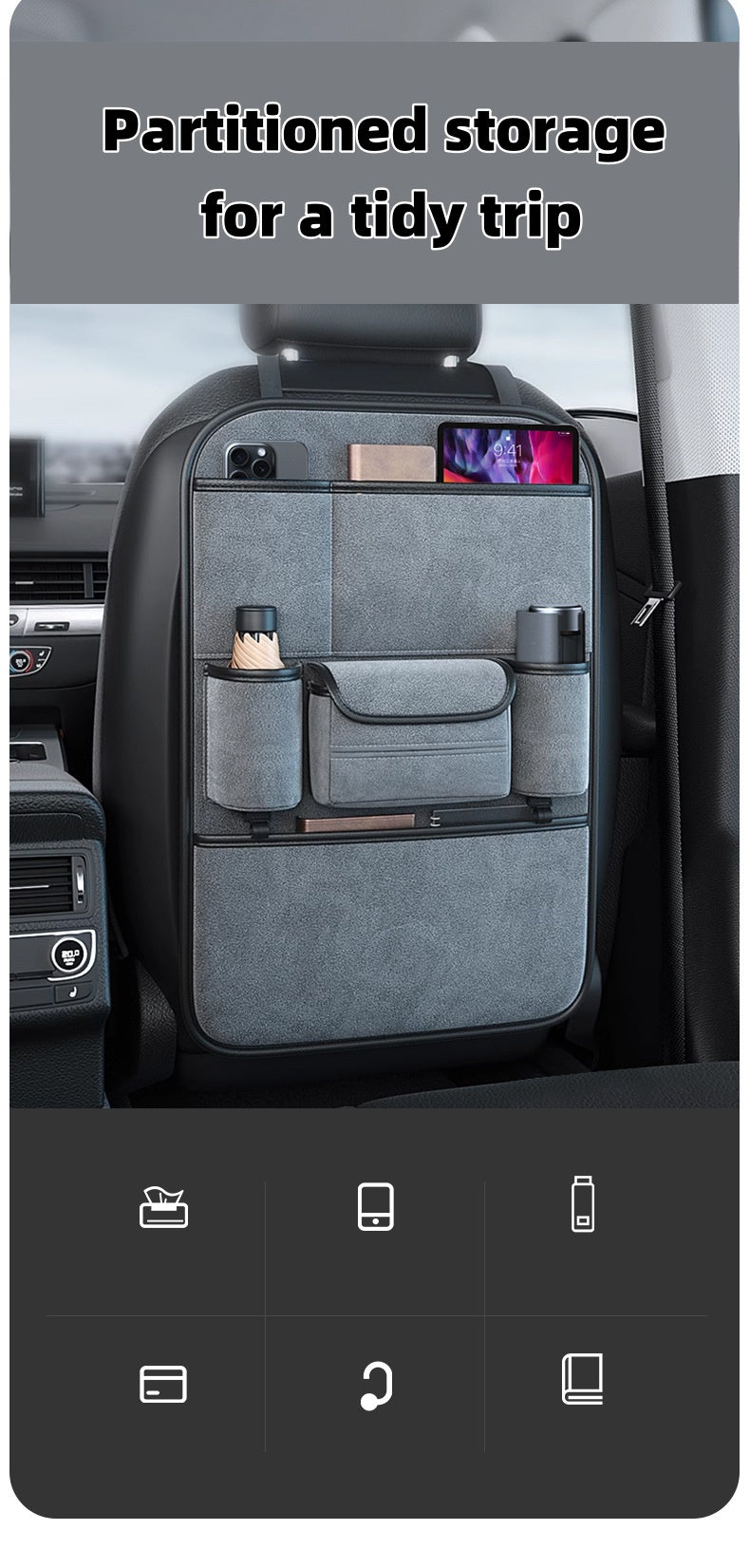 Multi-functional storage and anti-kick pads for car seat backs